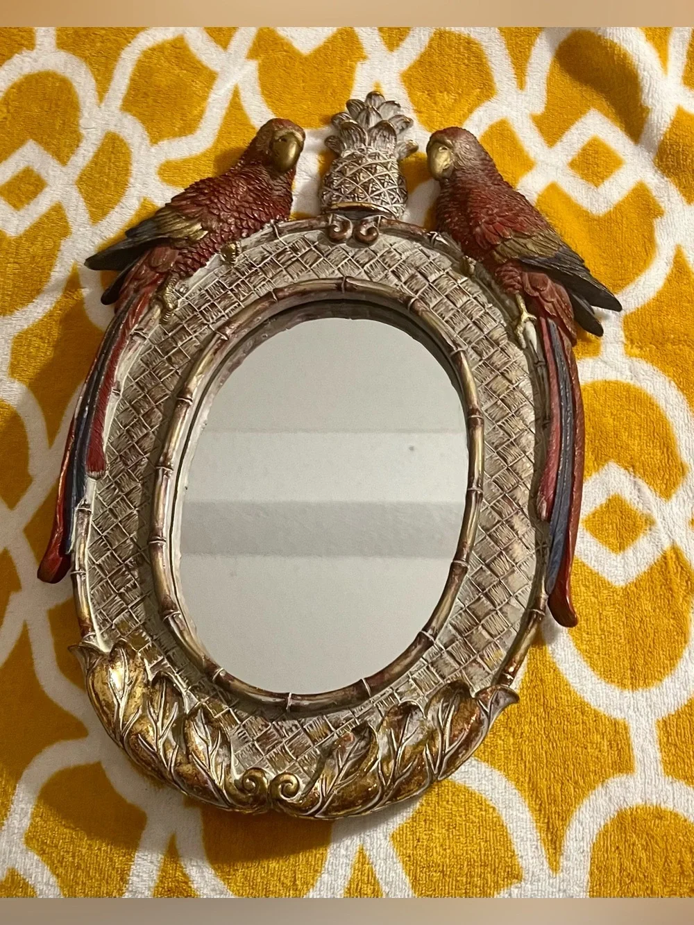 Vintage Oval Framed Parrot Bird Accent Tabletop Mirror 13 in Gold Red Brown